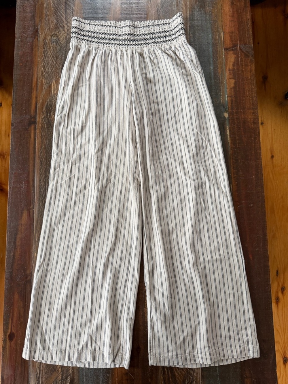 Happily Grey Women’s XL Beige Black Stripe Wide Leg Linen Blend Pants | SKU 0028
